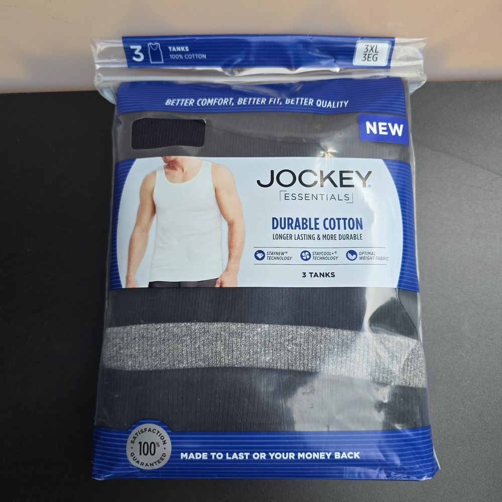 3PK Jockey Essentials Mens size 3XL Black/Gray  Durable 100% Cotton  Tanktop NWT